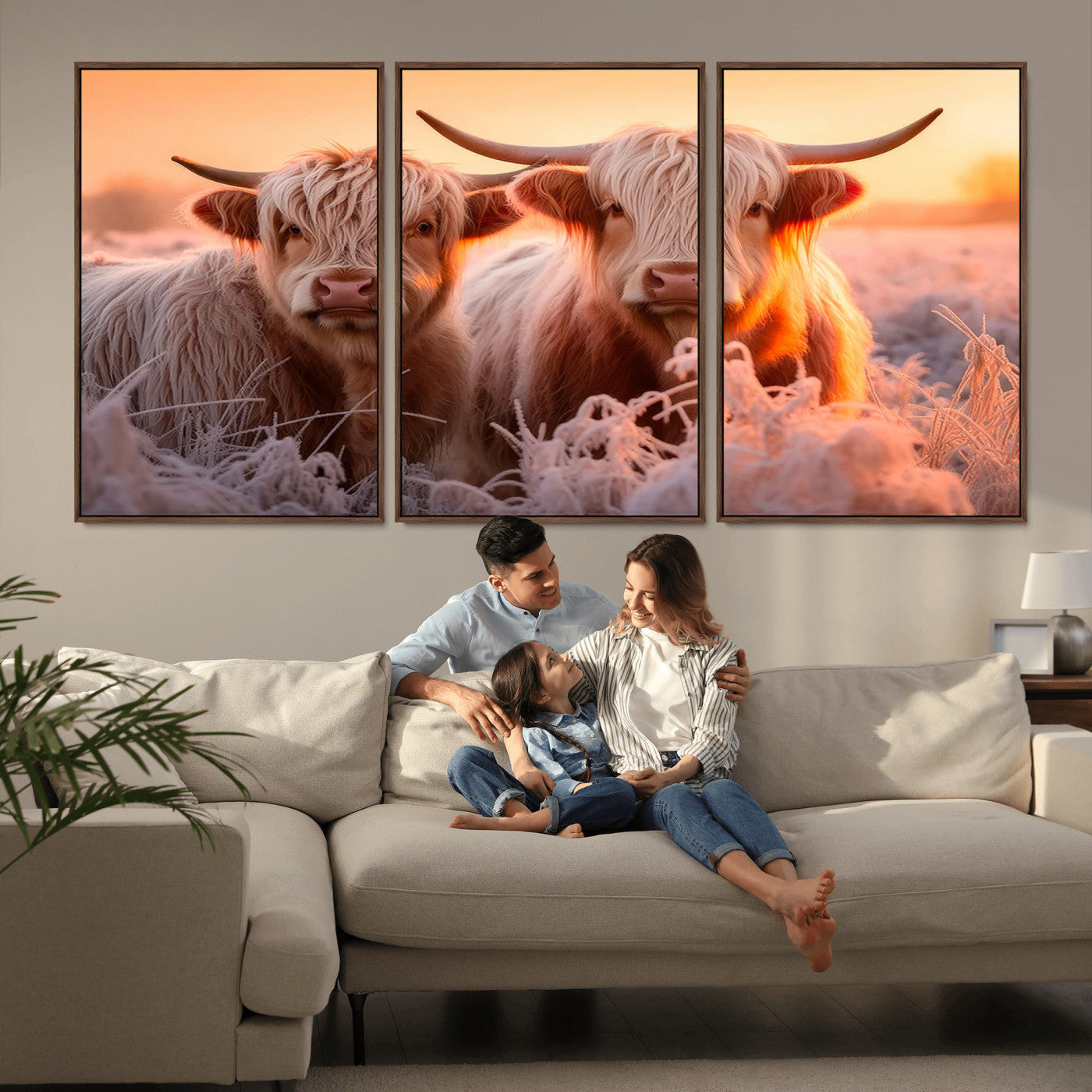 -Highland Cows at Sunrise Wall Art Canvas Set – Serene and Rustic Farmhouse Decor