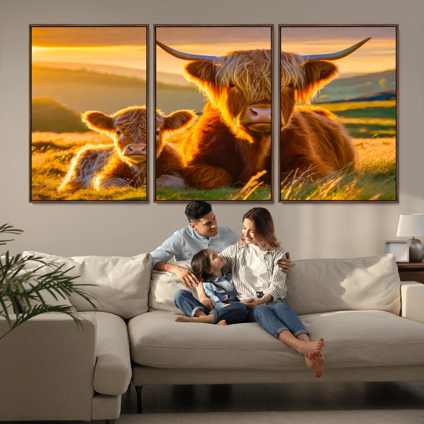 -Scottish Cow and Baby Cow Canvas Wall Art Animal Print Fluffy Cattle Framed Farmhouse Decor