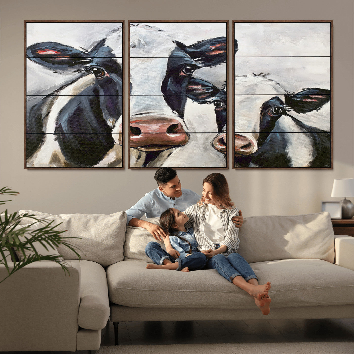 -Vintage Baby and Mom Cattle Wall Art Canvas Print