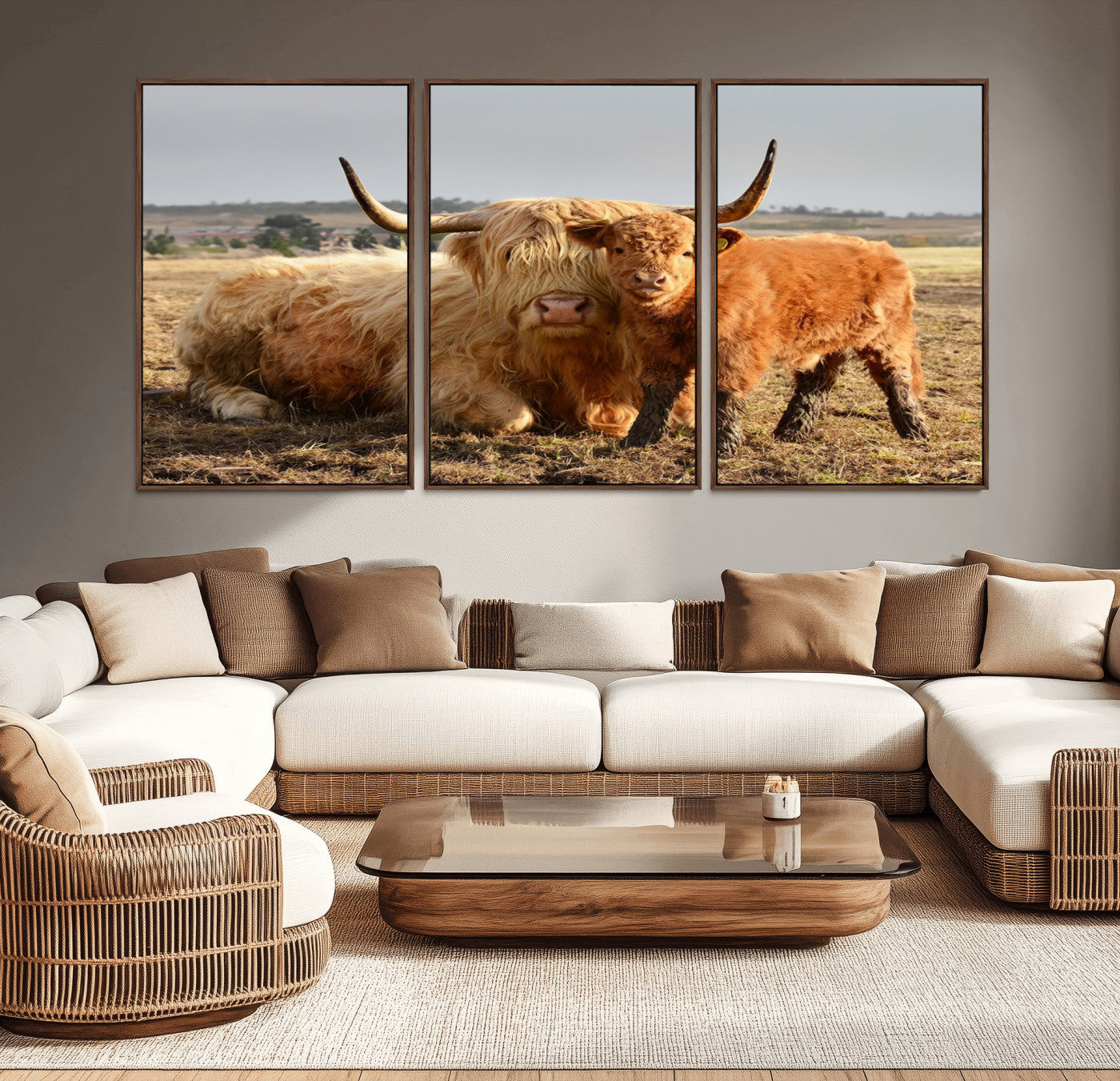 MGV-FC-60X30-3P - Highland Cow Canvas Wall Art Animal Print for Farm House Decor