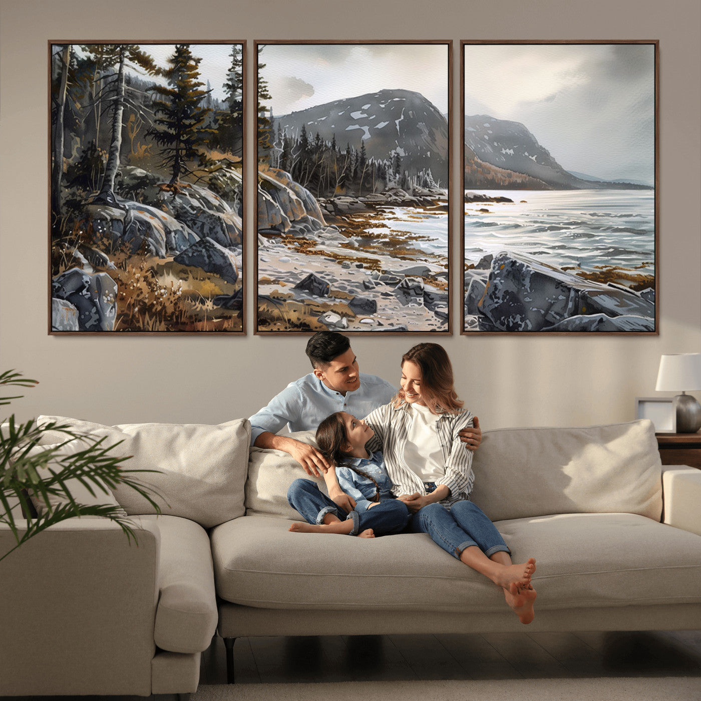 -Serene Coastal View of Acadia National Park - Stunning 3-Panel Wall Art Canvas Print, Framed, Ready
