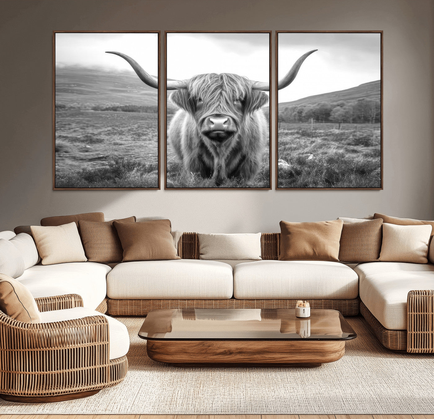 MGV-FC-60X30-3P - Black White Scottish Highland Cow Canvas Farm Wall Art Canvas Print