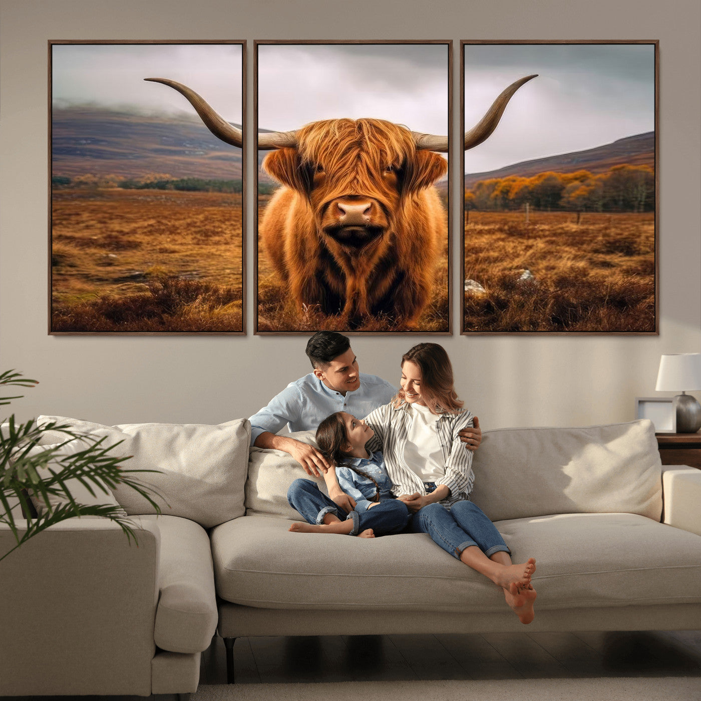 -Highland Cow Longhorn Wall Art – Rustic Canvas Print, Framed and Ready to Hang for Farmhouse Décor