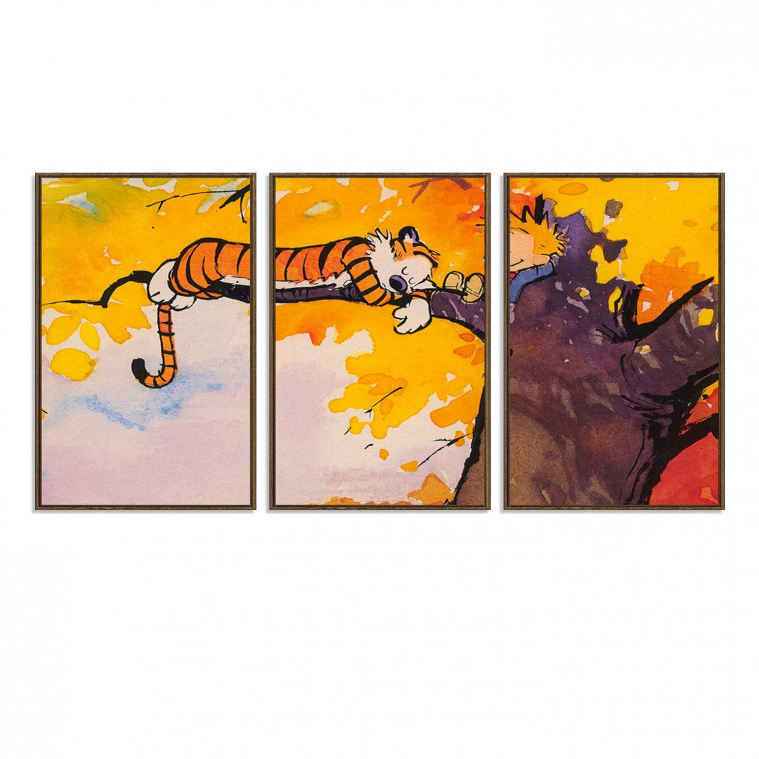 A wall art featuring a boy and a tiger amidst autumn leaves, reminiscent of the Calvin and Hobbes Tree Scene Canvas Print, ideal for creating a playful atmosphere.