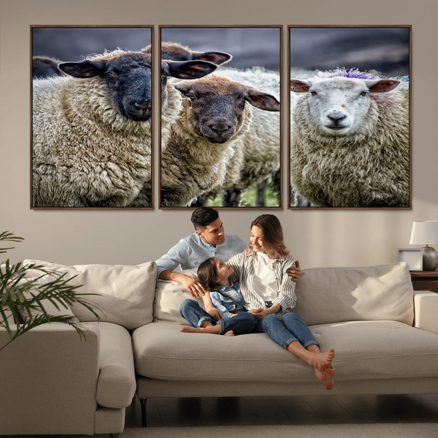 -Charming Sheep Portrait Wall Art – Trio of Woolly Companions Canvas Print, Framed, Ready to Hang