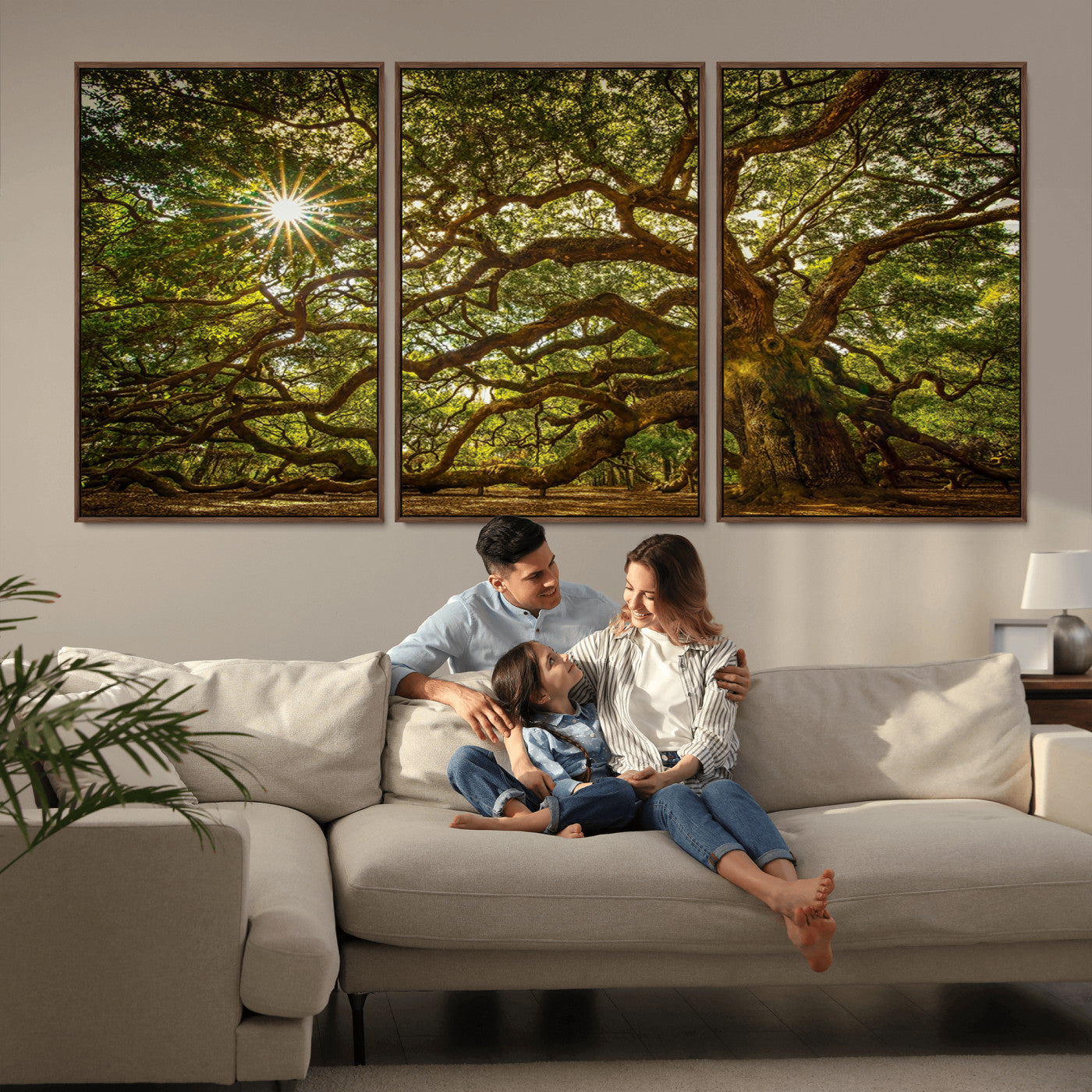 MGV-FC-60X30-3P - Ancient Angel Oak Tree Art Sunburst Canvas Print- Nature-Inspired Triptych Canvas Print, Framed, Ready to Hang
