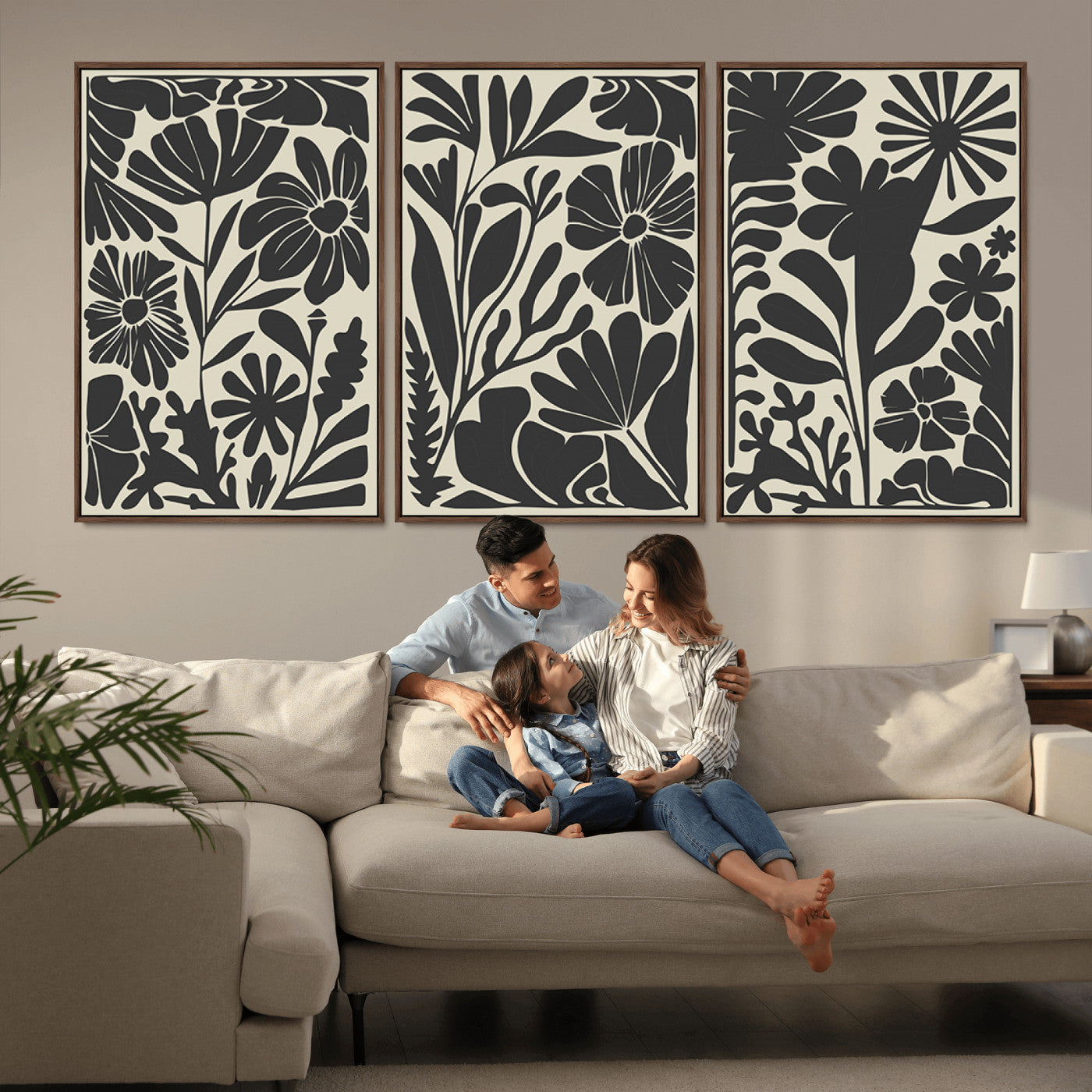 MGV-FC-60X30-3P - Modern Botanical Wall Art - Floral Black and White Canvas Print, Framed, Ready to Hang