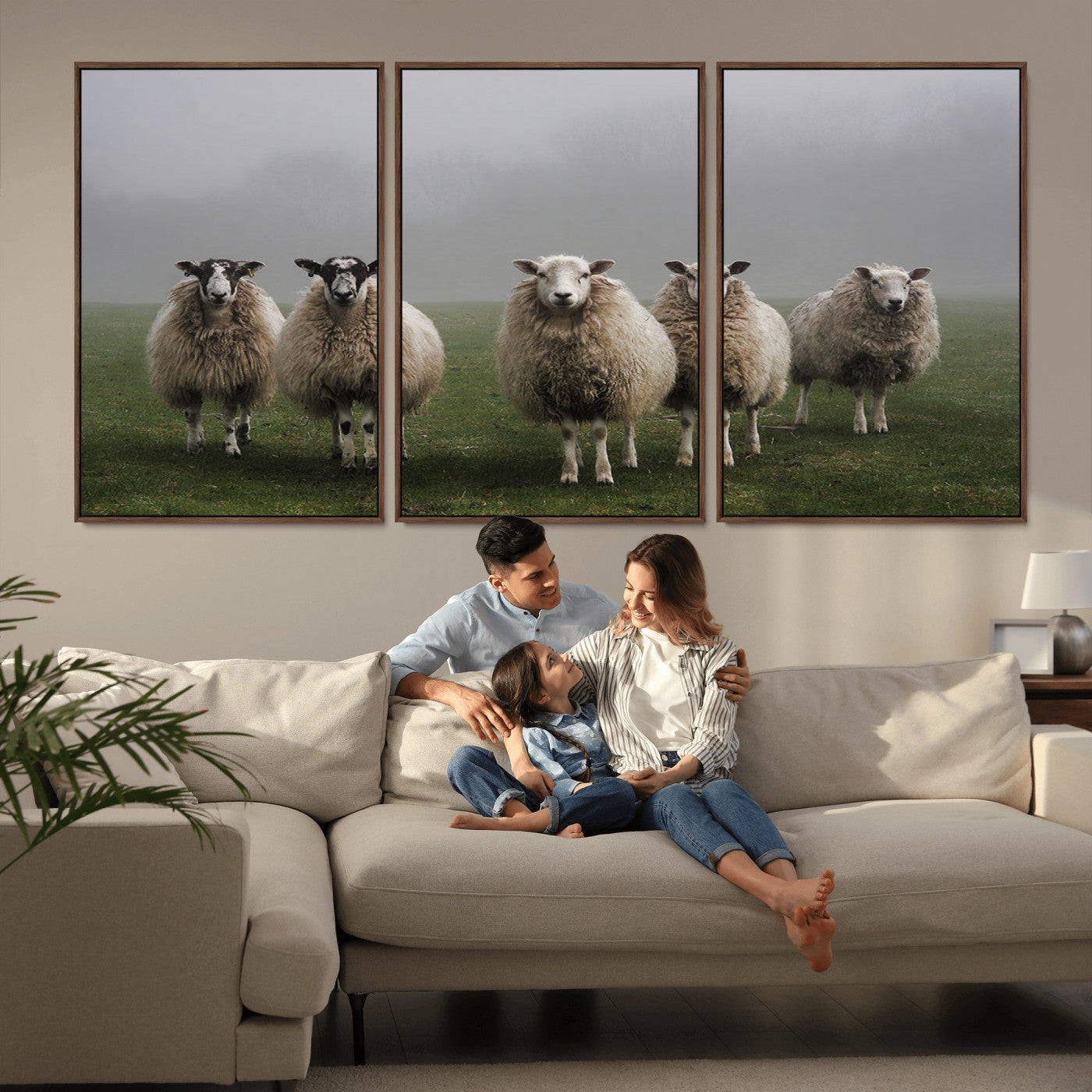 -Flock of Sheep in a Mystical Fog – Pastoral Wall Art Canvas Print, Framed, Ready to Hang