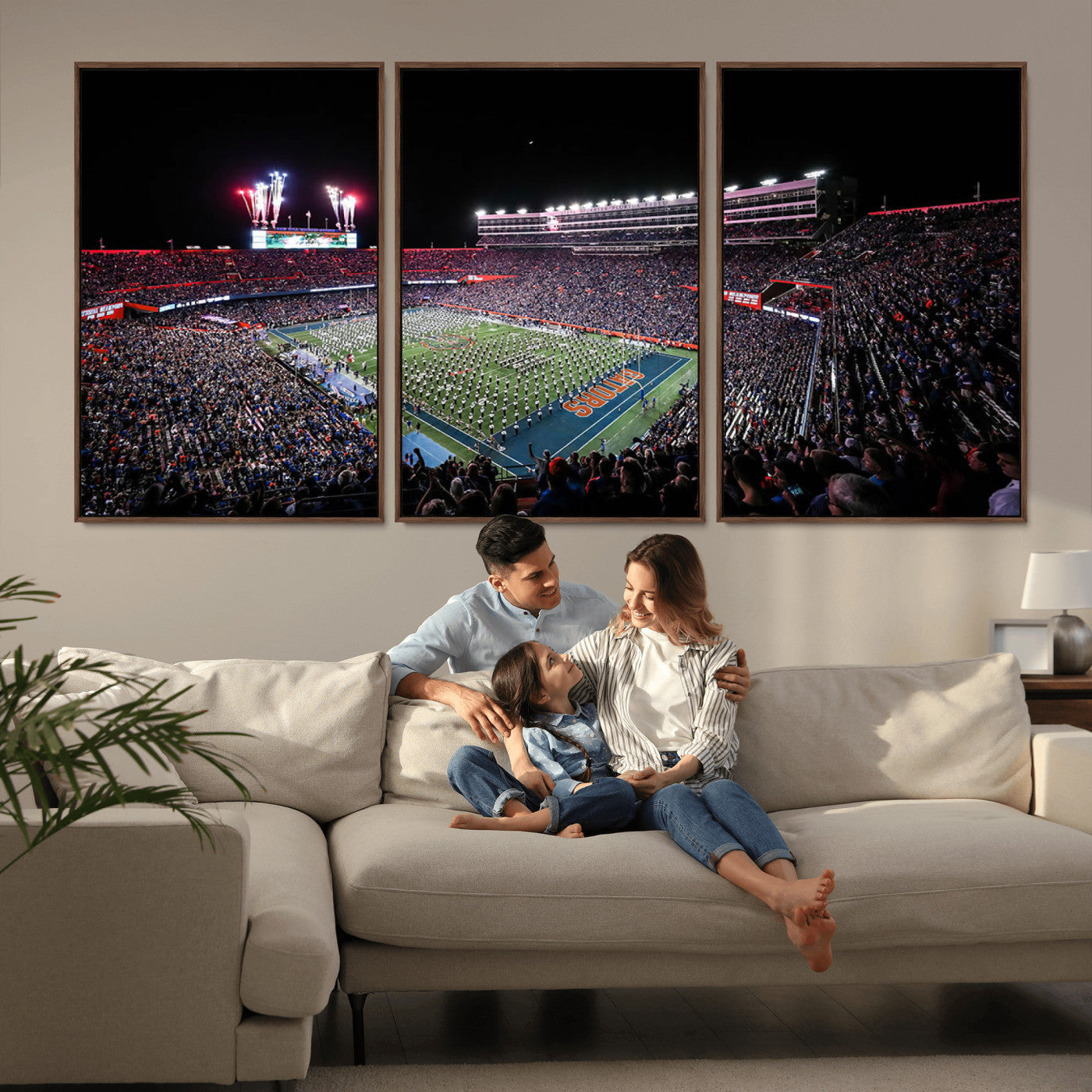 MGV-FC-60X30-3P - Ben Hill Griffin Stadium Night Game Triple Canvas Wall Art - Florida Gators Football Match
