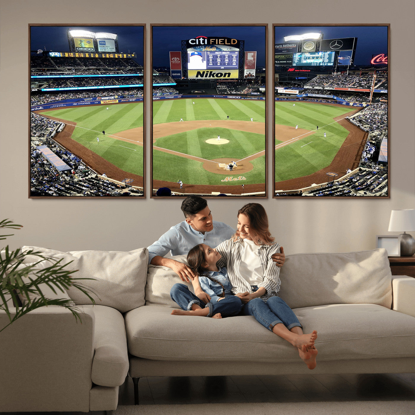 MGV-FC-60X30-3P - Citi Field Wall Art Print | 3-Panel New York Mets Baseball Stadium Canvas Print | Framed Sports Decor for Living Room, Man Cave, or Office Decor