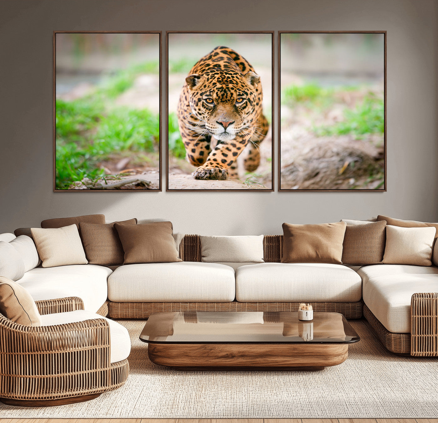 MGV-FC-60X30-3P - Leopard on the Prowl - Stunning Large Framed Canvas Wall Art for Living Room, Bedroom, or Office Décor, Vibrant Wildlife Print, Ready to Hang