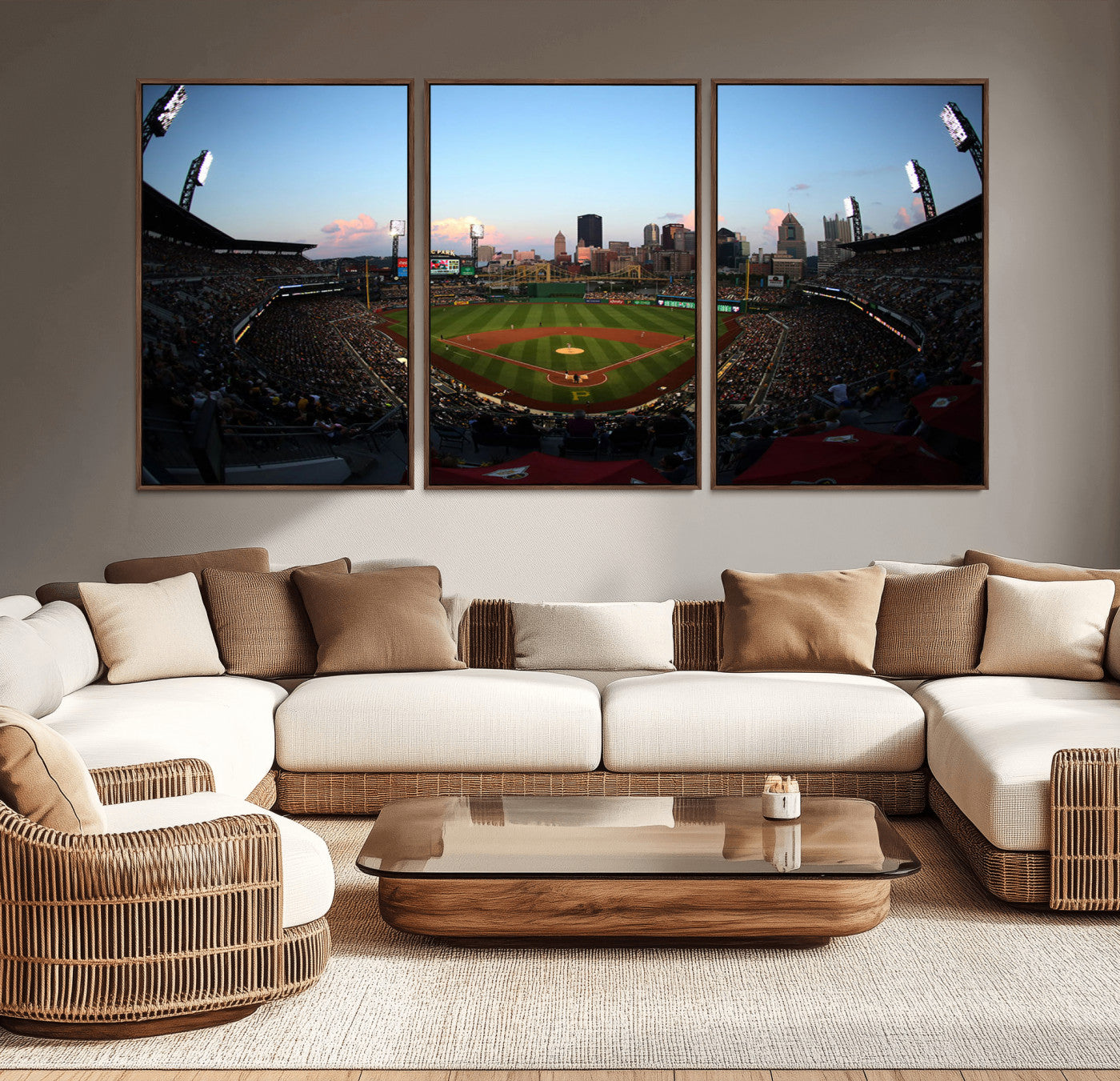 MGV-FC-60X30-3P - PNC Park Evening Game Triple Canvas Wall Art - Pittsburgh Pirates MLB Match - PNC Park Stadium Wall Art Canvas Print