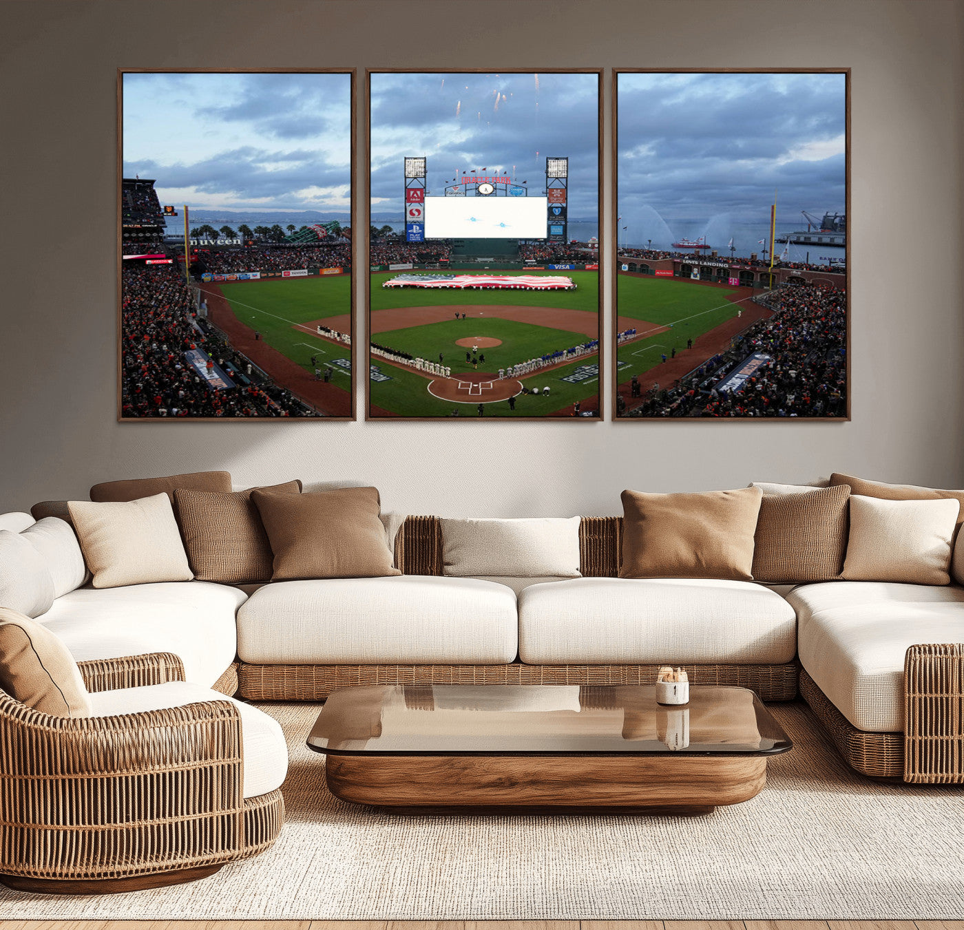 MGV-FC-60X30-3P - Oracle Park San Francisco Giants Wall Art | 3-Panel Canvas Print of Oracle Park Stadium | Large Framed Baseball Wall Decor | Ready-to-Hang MLB Canvas Print