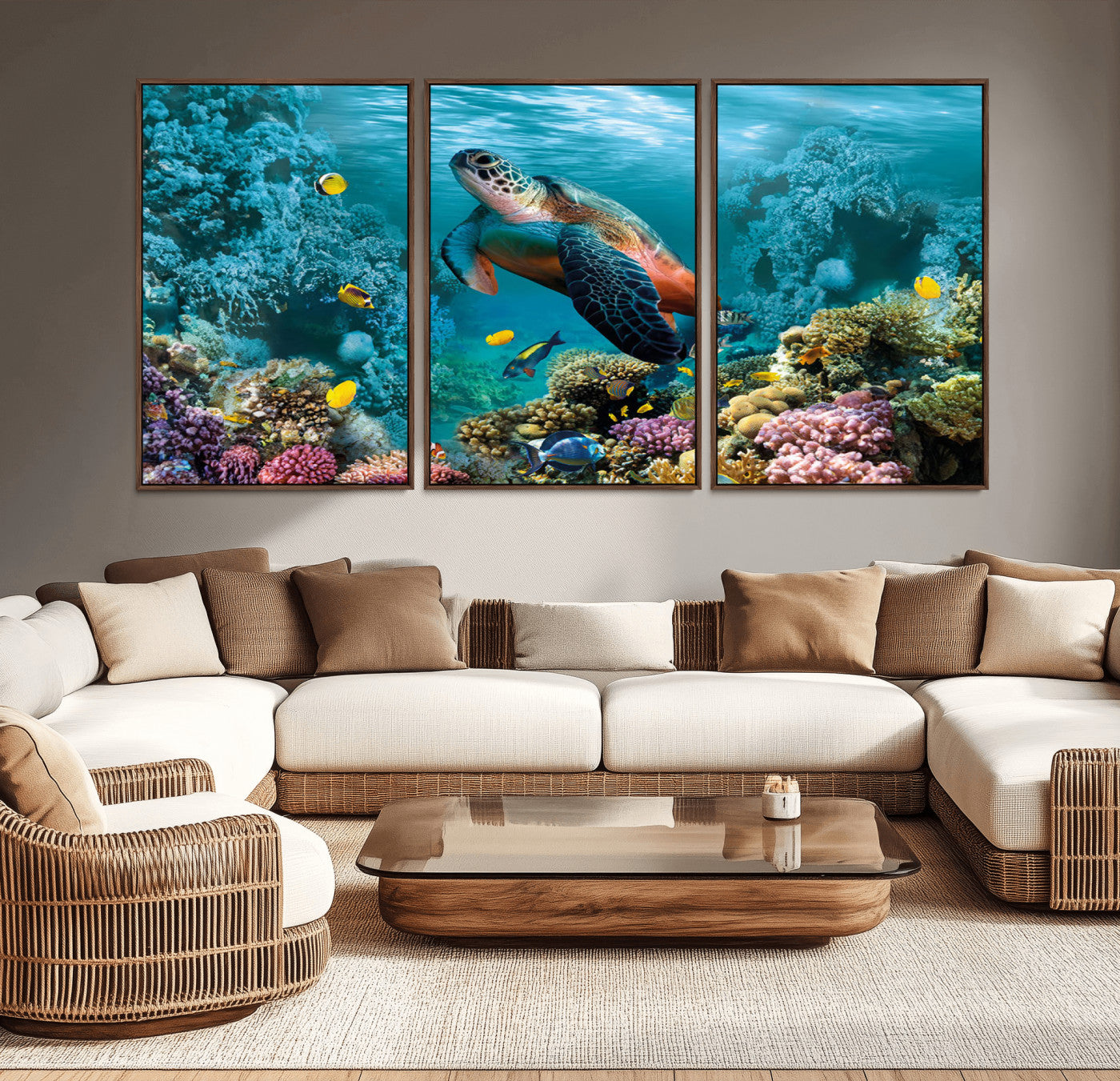 MGV-FC-60X30-3P - Sea Turtle and Coral Reef Triptych Wall Art – Vibrant Underwater Scene Canvas Set for Ocean Lovers and Coastal Decor – Ready to Hang 3-Panel Artwork