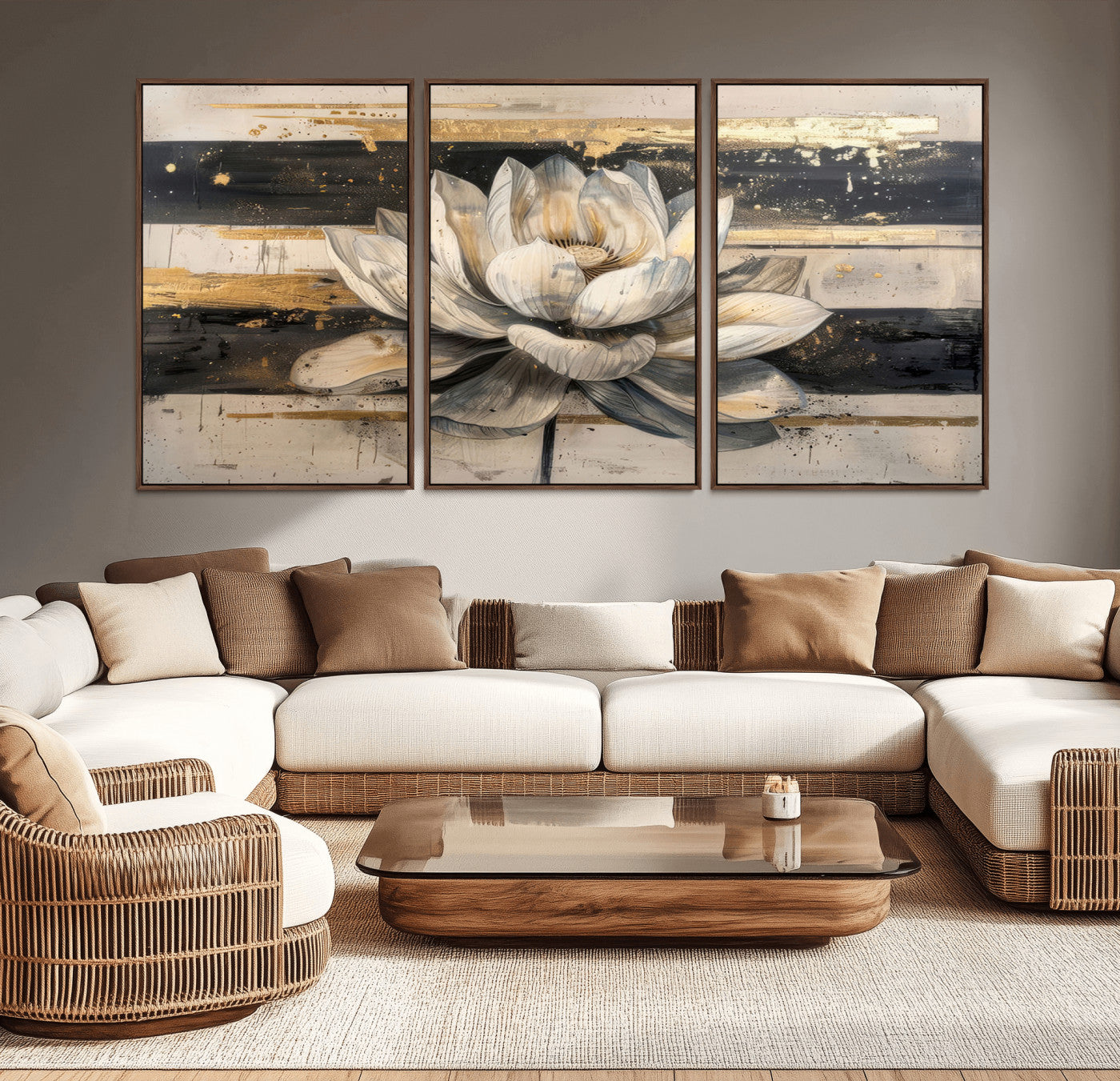 MGV-FC-60X30-3P - Lotus Flower Wall Art Canvas Print, Framed Abstract Lotus Art Picture Print, White Lotus Flower Perfect Abstract Floral Decor Artwork