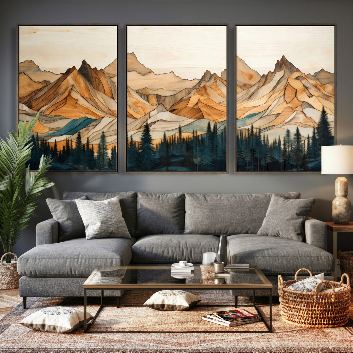 31576-PAN-FL-20X10 - Rustic Wood Mountain Wall Art Print | Triptych Giclee Print Featuring Handcrafted Forest and