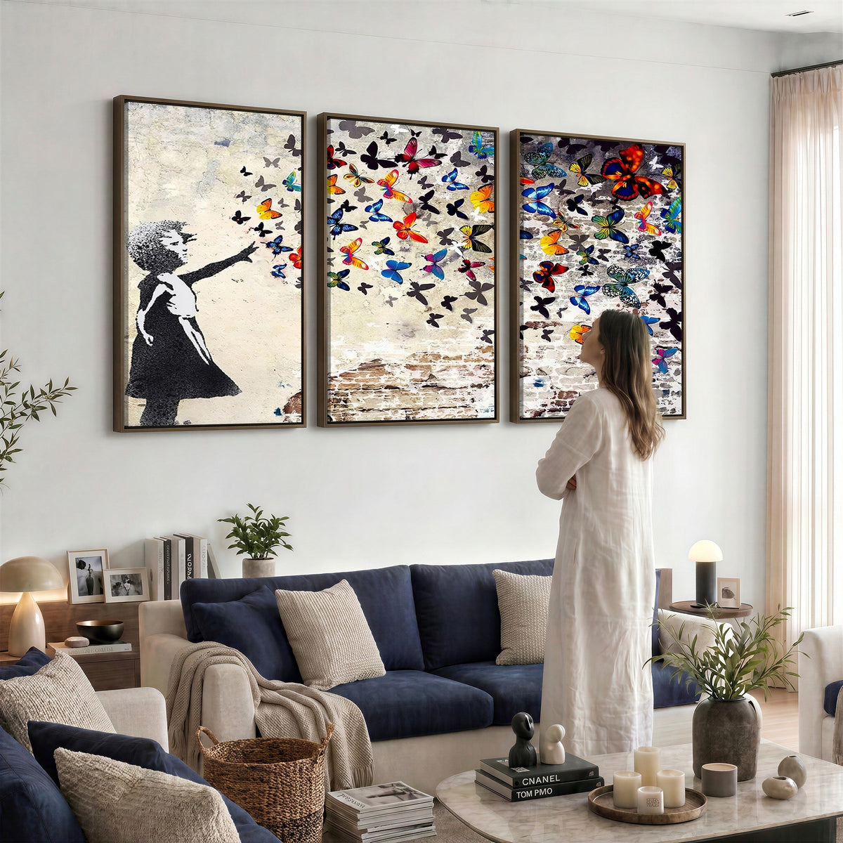 97895-MGV-CV-24X16 - Banksy Graffiti Wall Art Canvas Print, Girl Releasing Vibrant Butterflies