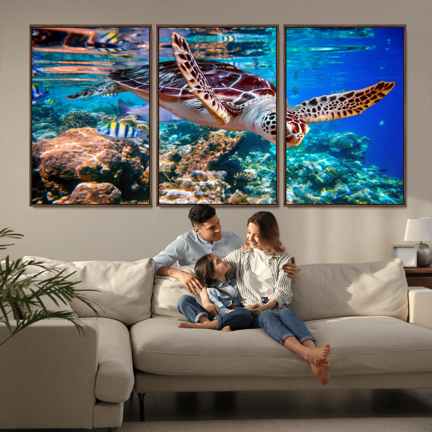 MGV-FC-60X30-3P - Underwater Coral Reef Sea Turtle Wall Art Canvas Print, Vibrant Marine Life | Colorful Ocean Scene