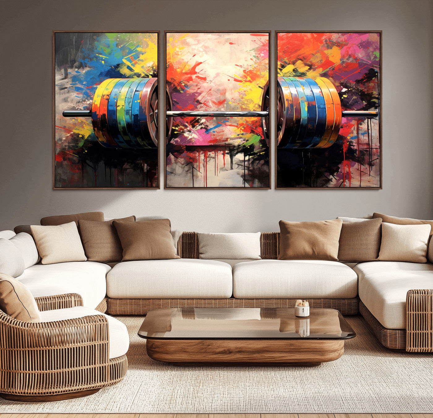 MGV-FC-60X30-3P - Weightlifting Barbell Art Triptych, Bold Abstract Fitness Wall Decor for Gym or Home, Giclee Canvas Print