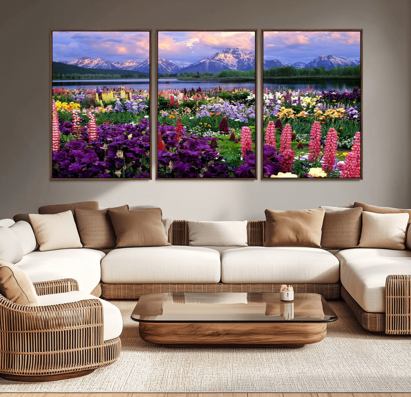 MGV-FC-60X30-3P - Wildflower Canvas Print – Blooming Floral Meadows with Majestic Mountain Backdrop, Ready to Hang
