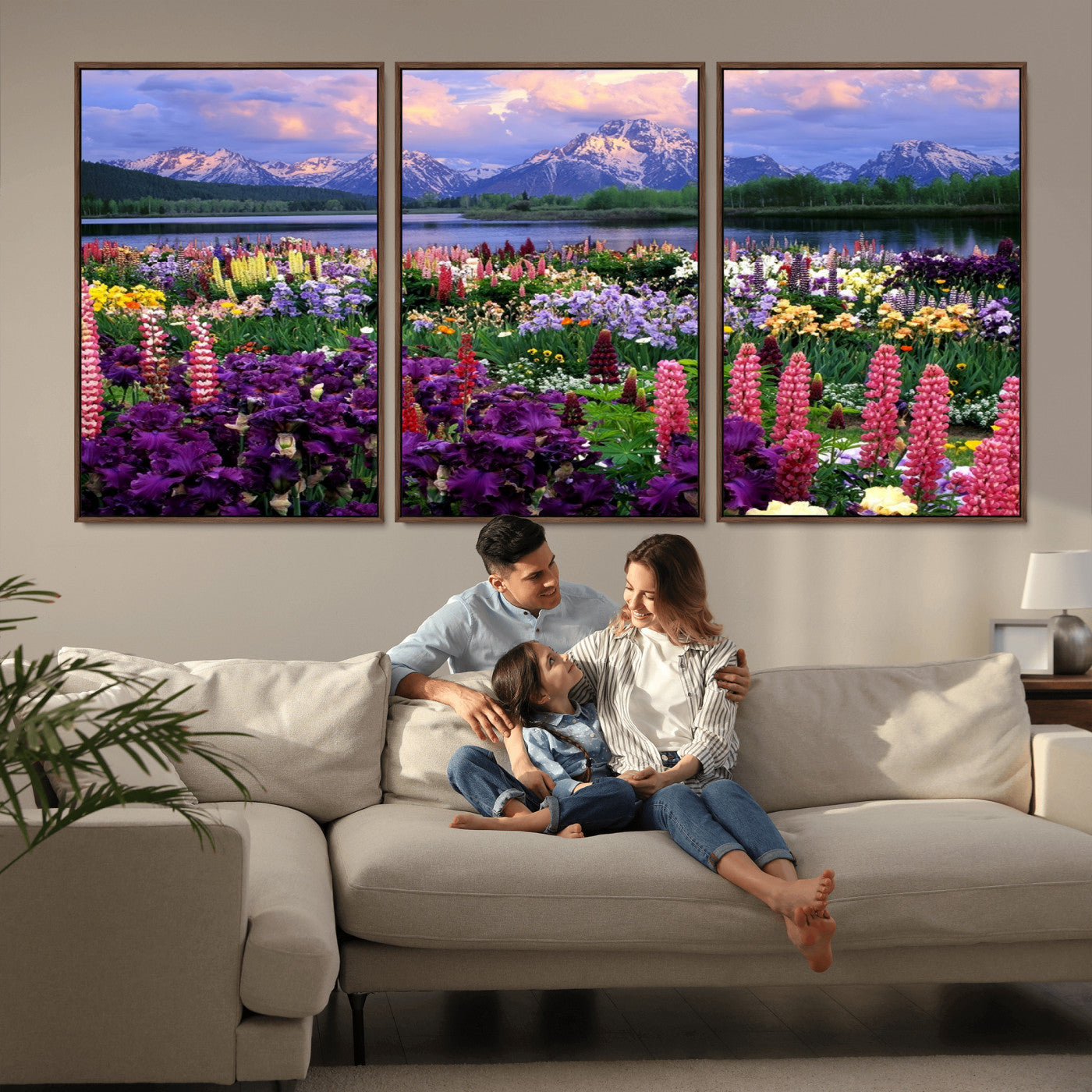 MGV-FC-60X30-3P - Vibrant Wildflower Garden and Mountain View Giclee Canvas Print | Floral Wall Art for Living Room