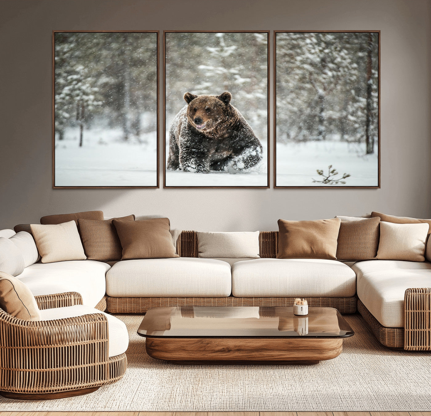A majestic brown bear moves through a snowy forest landscape, surrounded by falling snowflakes, capturing the essence of wildlife in winter.