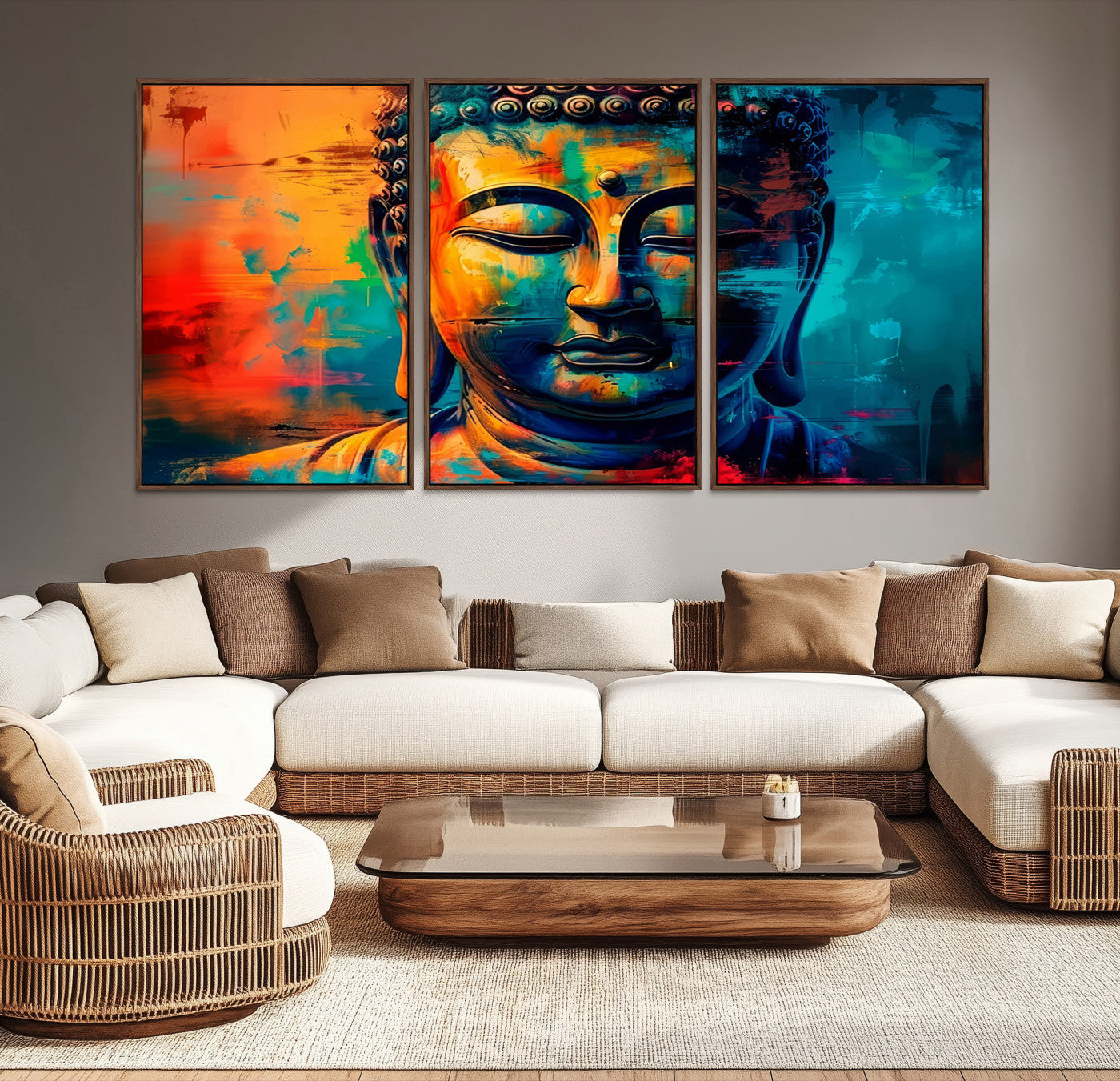 A vibrant, abstract artistic rendition of a Buddha statue face, blending bold and contrasting colors to evoke a sense of peace, spirituality, and enlightenment.
