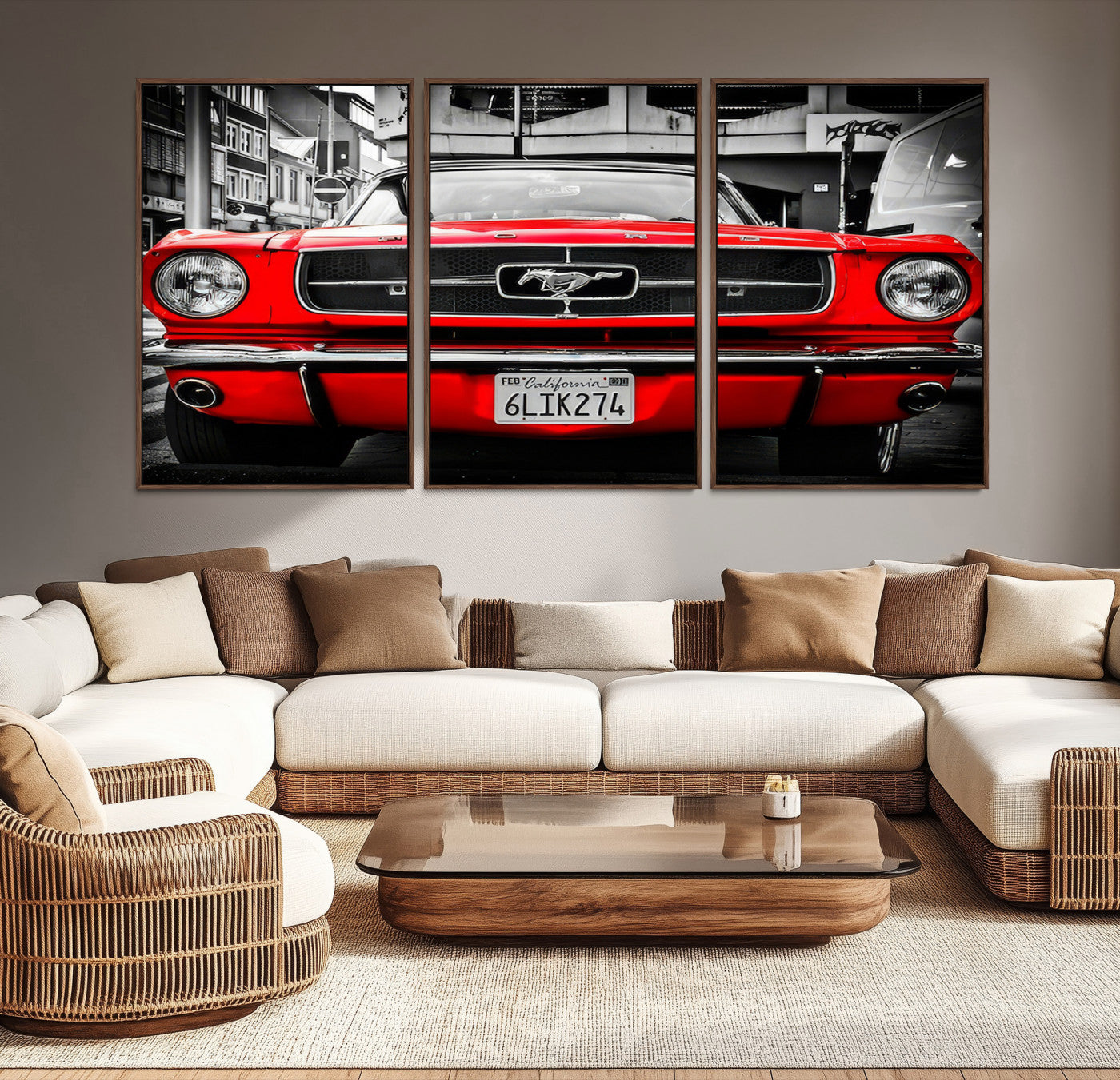 20365-MGV-CV-48X32-3P-Red Mustang Car Wall Art – Framed Classic Vehicle Canvas Artwork, Black White Urban Design, Decor for Home, Office