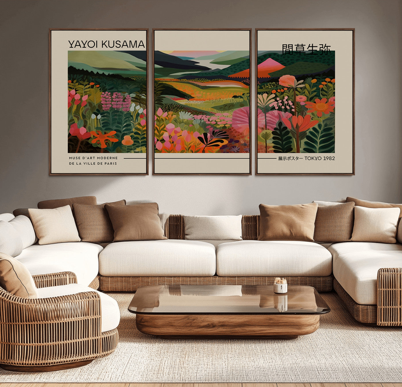 MGV-FC-60X30-3P - Yayoi Kusama Landscape Canvas Print, Vibrant Floral Mountain Art Print, Botanical Flower Nature
