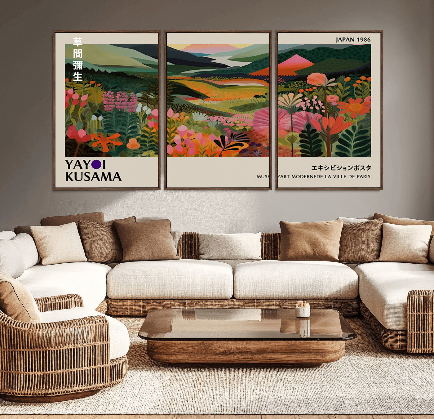 MGV-FC-60X30-3P - Yayoi Kusama Abstract Print, Vibrant Floral Mountain Art Print, Botanical Flower Nature Decor,