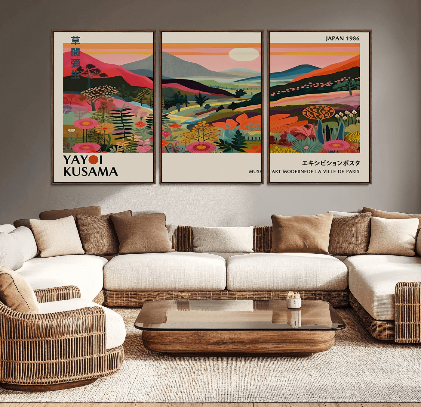 MGV-FC-60X30-3P - Yayoi Kusama Landscape Canvas Print, Vibrant Floral Mountain Art Print, Botanical Flower Nature