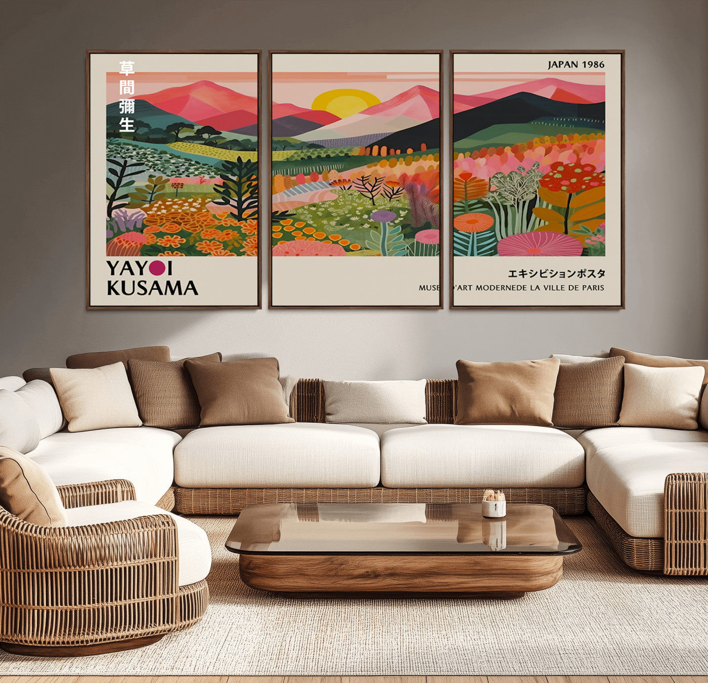 MGV-FC-60X30-3P - Yayoi Kusama Landscape Canvas Print, Vibrant Floral Mountain Art Print, Framed Botanical Wall Art -