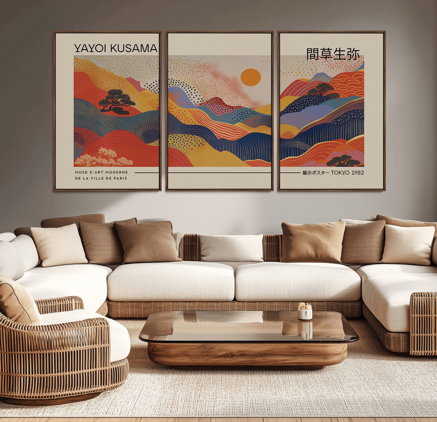 MGV-FC-60X30-3P - Yayoi Kusama Landscape Canvas Print, Vibrant Floral Mountain Art Print, Botanical Flower Nature