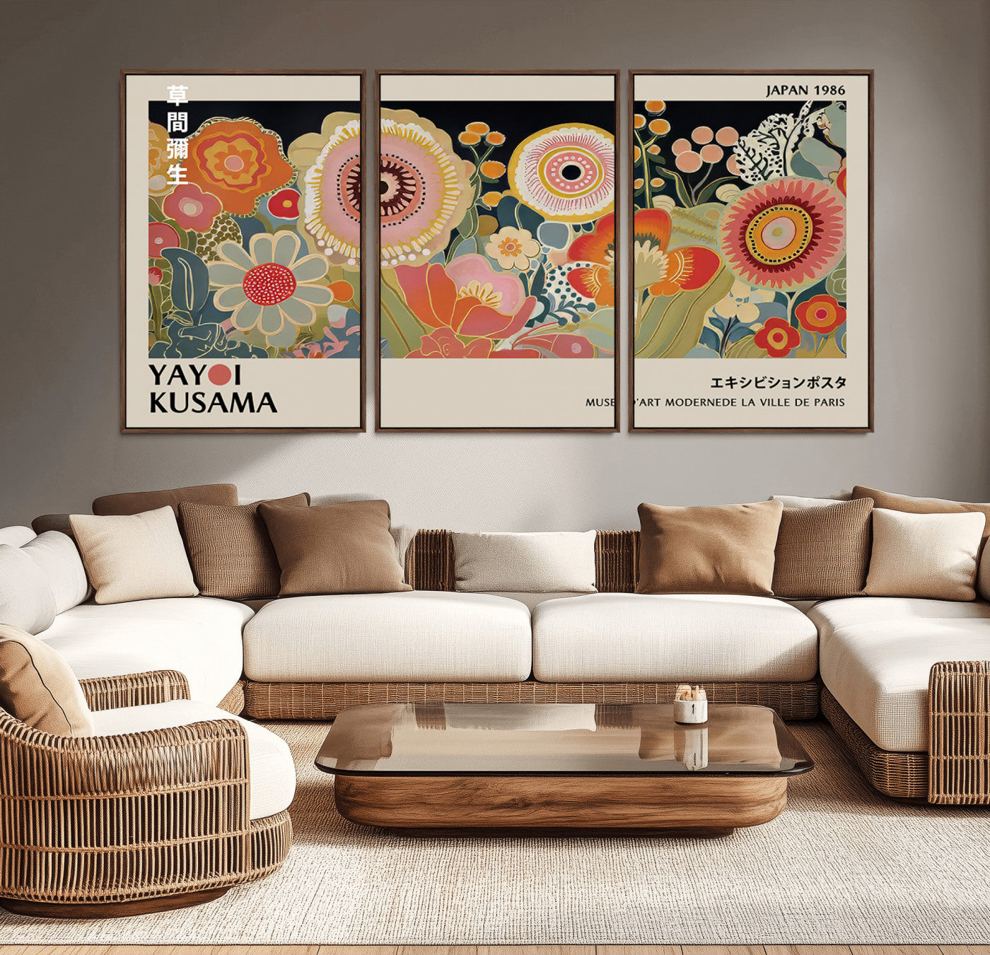 MGV-FC-60X30-3P - Yayoi Kusama Landscape Canvas Print, Vibrant Floral Mountain Art Print, Botanical Flower Nature Decor, Sunset Scenery Artwork