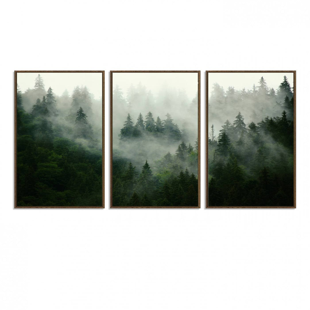 Misty Forest Mountain Wall Art: A 3-panel foggy landscape canvas print, ideal for enhancing home decor with natures beauty.