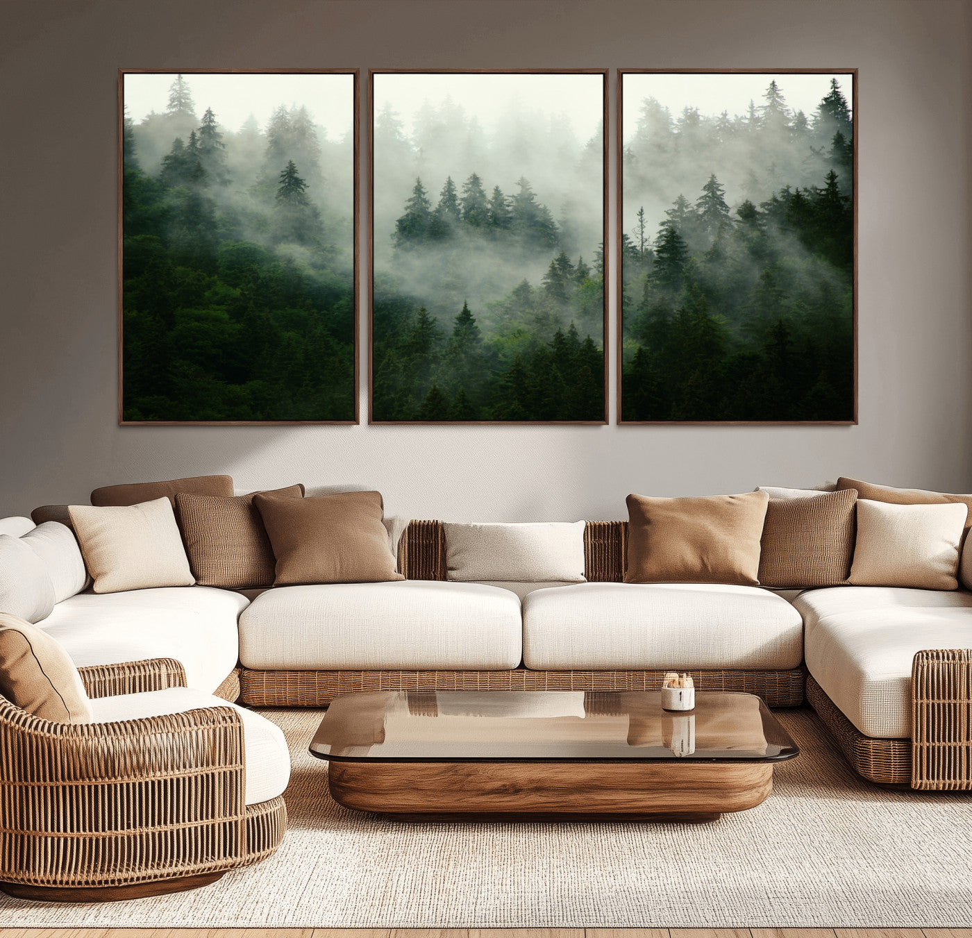MGV-FC-60X30-3P - Misty Forest Mountain Wall Art Canvas  | Large 3-Panel Foggy Landscape Canvas Print | Nature Misty