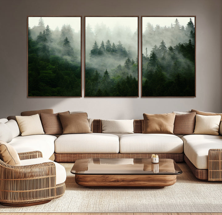 Misty Forest Wall Art Canvas Print - Foggy Forest Landscape Canvas Wall Art – Serene Triptych Nature Print – Woodland Landscape Decor