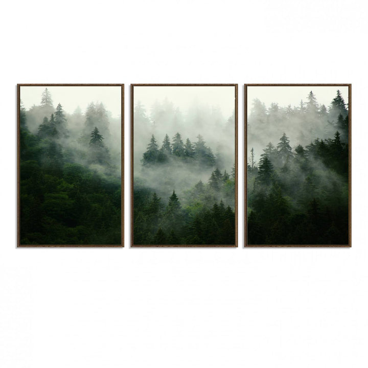 The Misty Forest Wall Art Canvas Print captures a serene, foggy evergreen landscape, evoking a mysterious woodland ambiance.