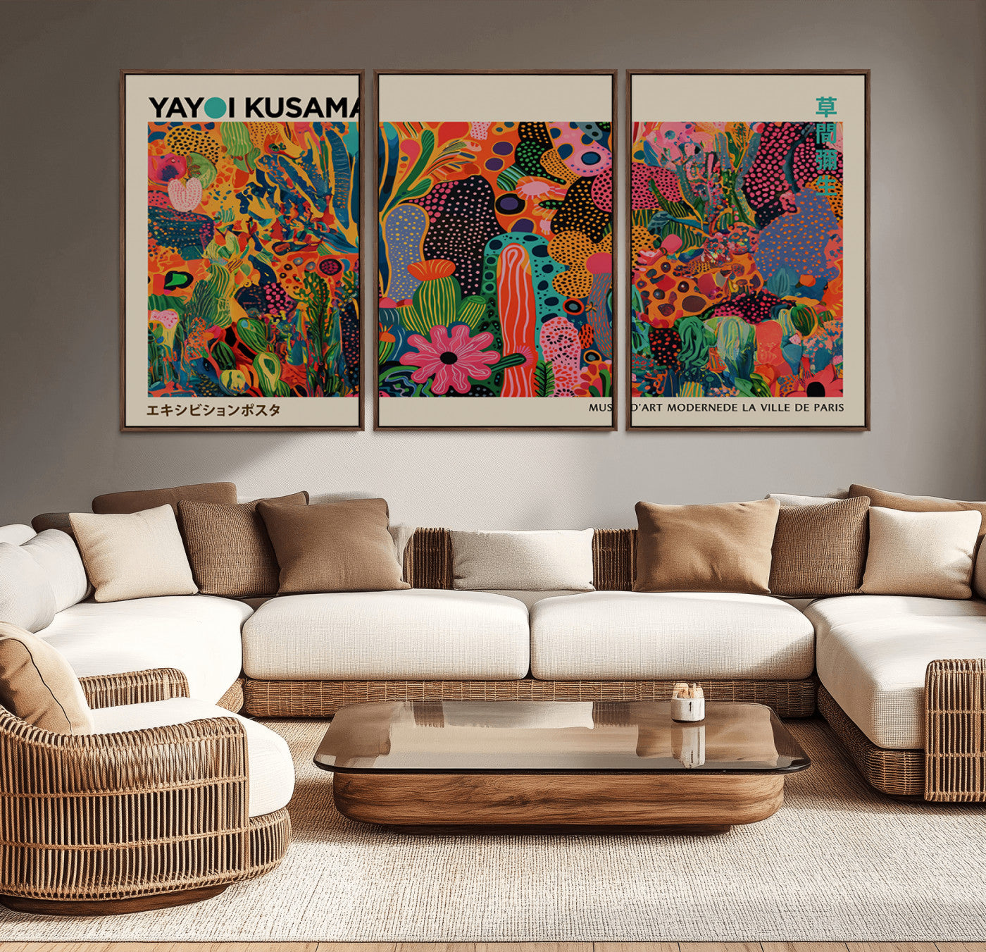 MGV-FC-60X30-3P - Framed Yayoi Kusama 1986 Wall Art Print – Japanese Wall Art Print, Wabi Sabi Yayoi Kusama Print -