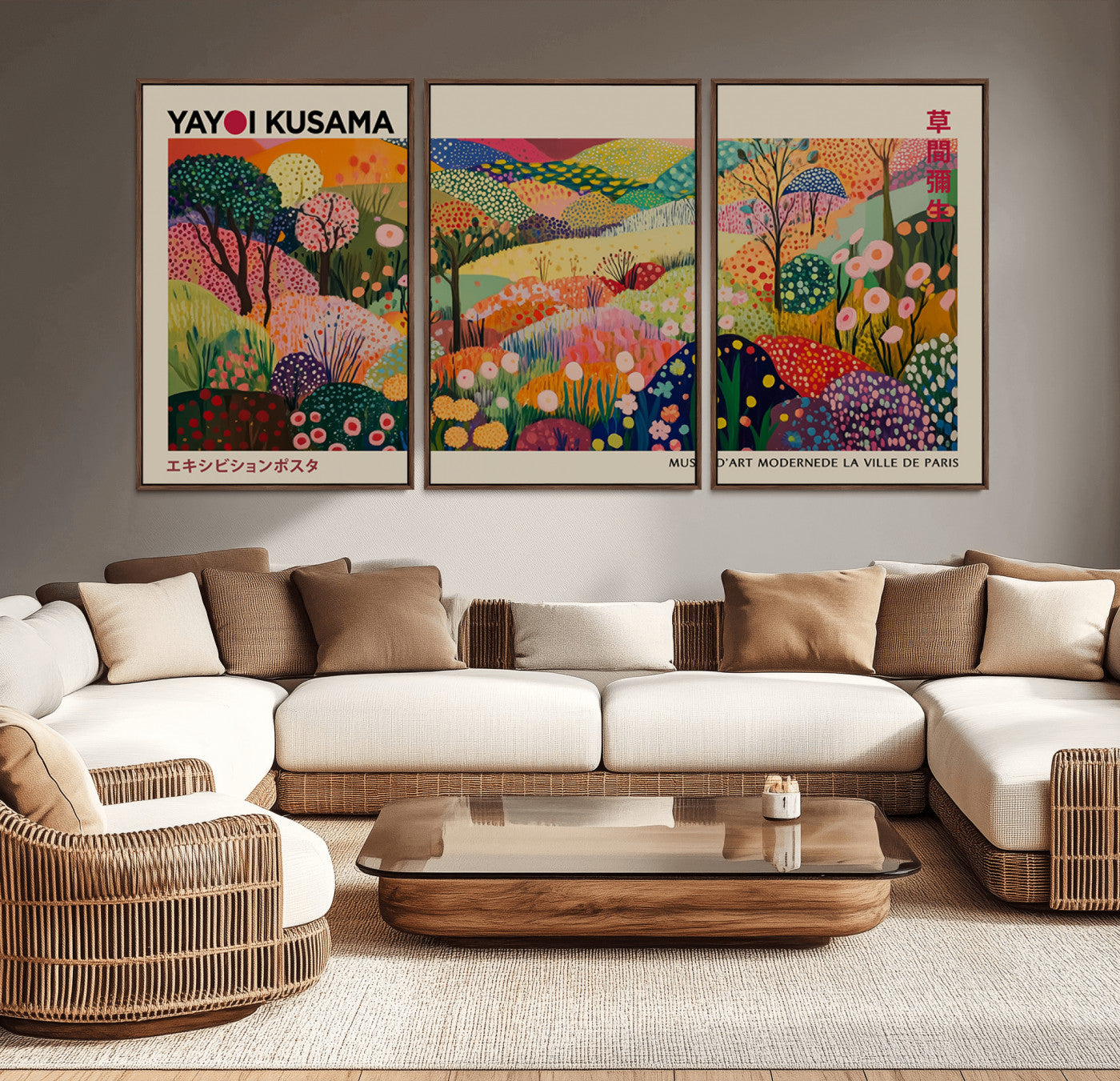 MGV-FC-60X30-3P - Framed Yayoi Kusama 1986 Wall Art Print – Japanese Wall Art Print, Wabi Sabi Yayoi Kusama Print -