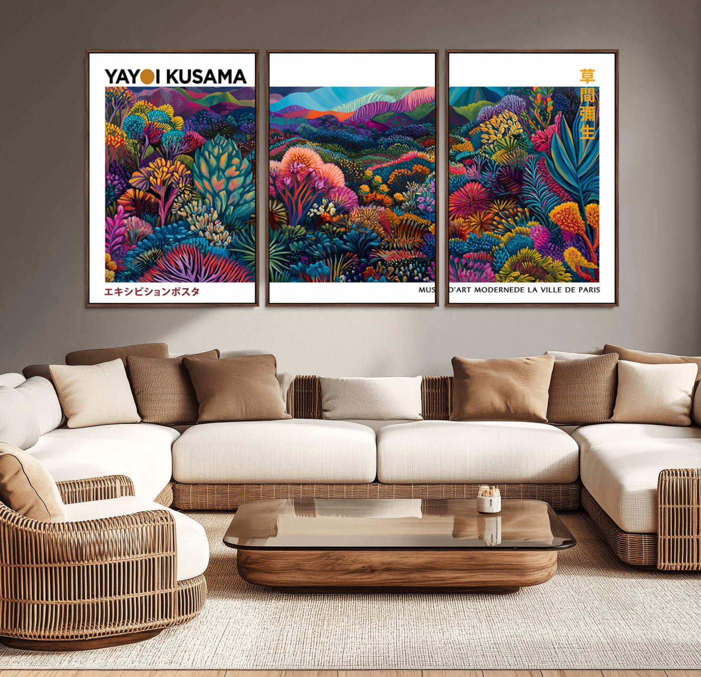 MGV-FC-60X30-3P - Framed Yayoi Kusama 1986 Wall Art Print – Japanese Wall Art Print, Wabi Sabi Yayoi Kusama Print -