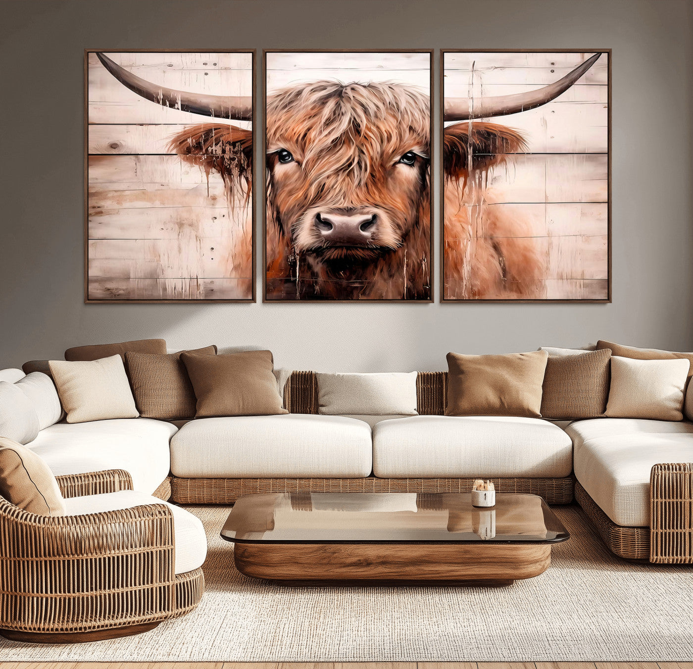 MGV-FC-60X30-3P - Vintage Scottish Highland Cow Cattle Art Print Farmhouse Wall Art Canvas Print