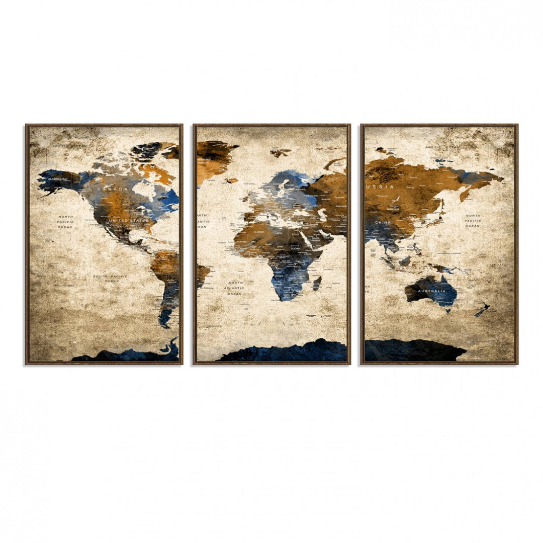 A Vintage World Map Canvas featuring brown, blue, and white on a textured background. Ideal for wall art in living rooms or offices.