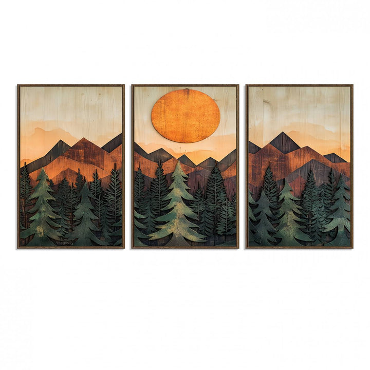 Sunset Mountain Landscape canvas wall art print featuring forest and wooden textures in green, brown, and orange.