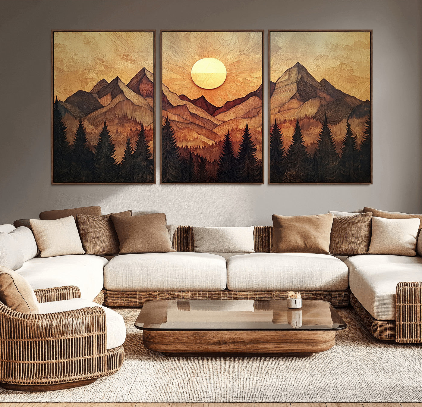 MGV-FC-60X30-3P - Wood Style Abstract Mountain Sunset Canvas Wall Art Print - Warm Earth Nature-Inspired Decor for