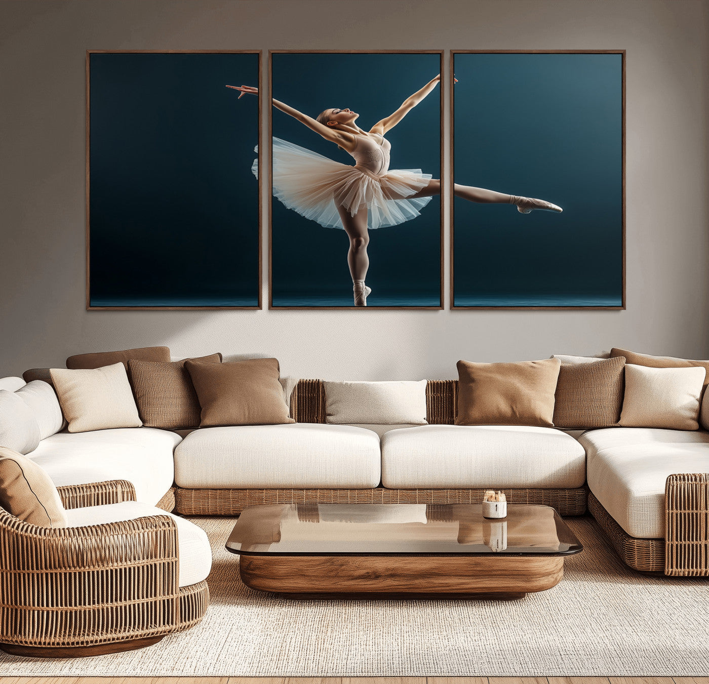 An elegant ballerina captured mid-pose on pointe, radiating grace and strength in a perfectly lit studio setting, her tutu fanned out in delicate symmetry.