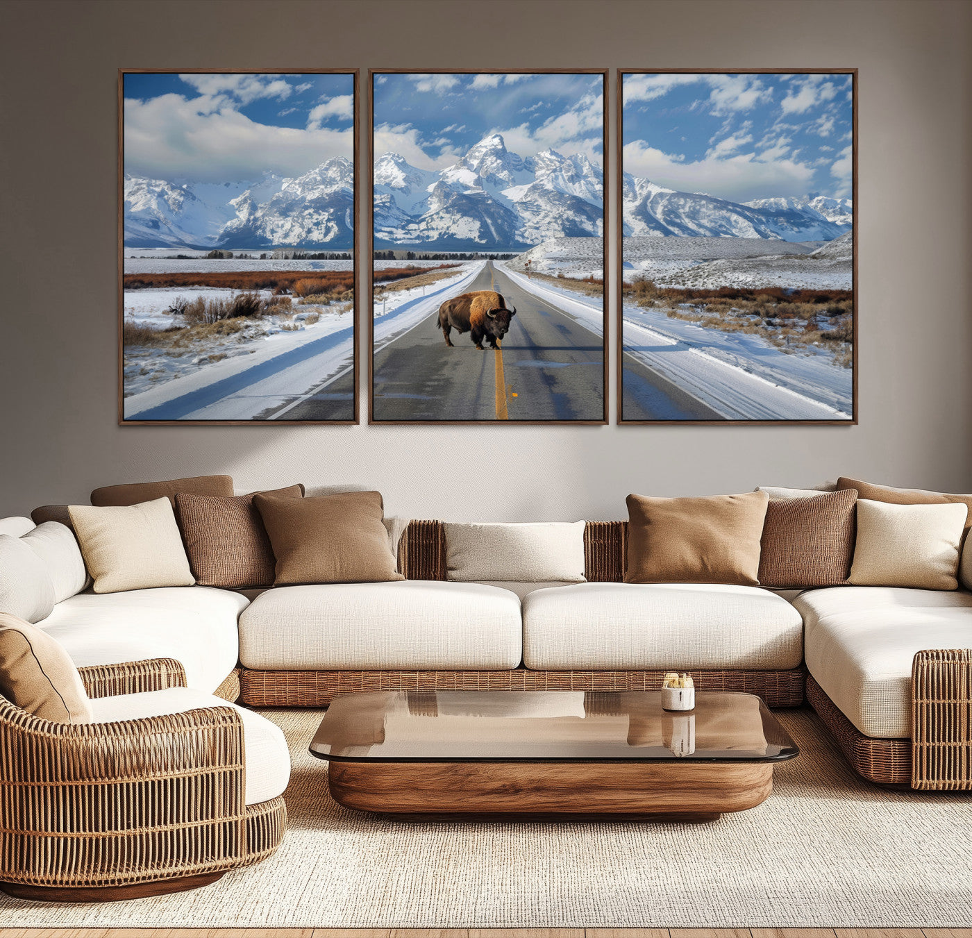 A powerful bison stands on a snow-dusted road beneath the towering peaks of the Grand Tetons, capturing the untamed beauty of America's winter wilderness.