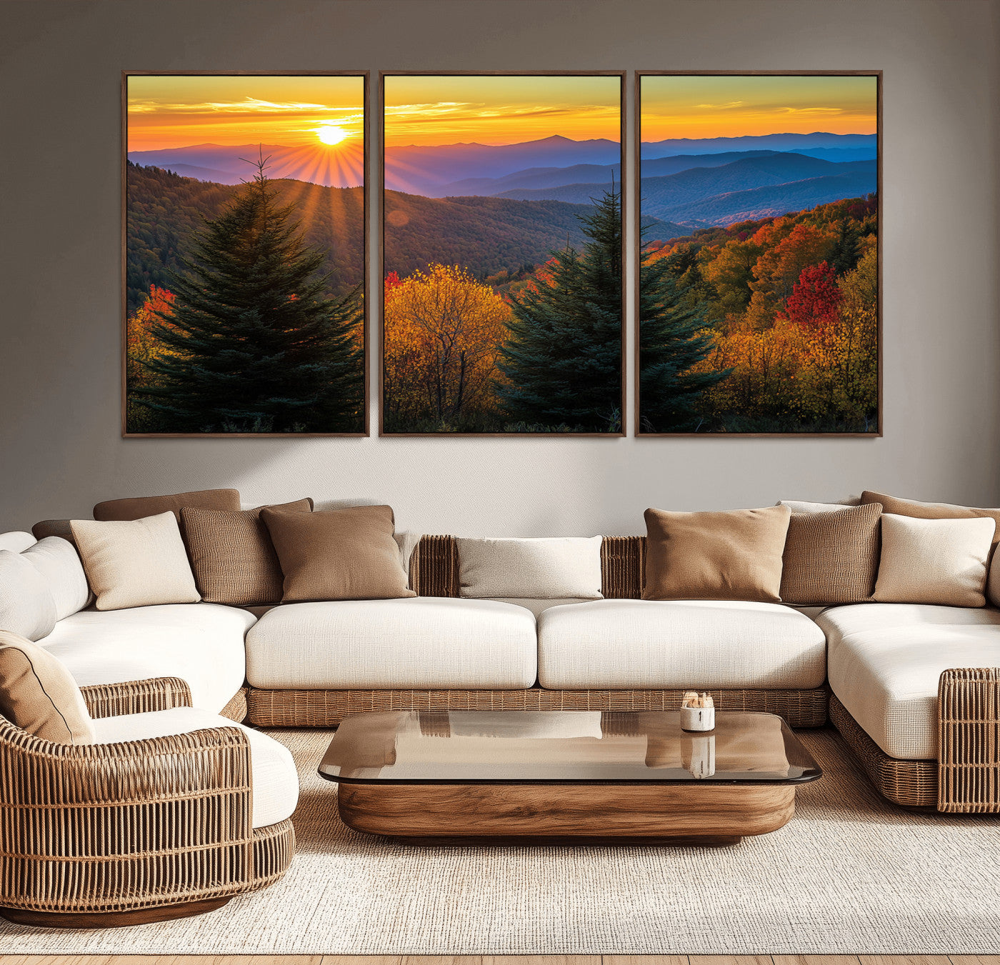 MGV-FC-60X30-3P - Golden Sunset Over Mountain Forest Canvas Wall Art Print - Warm Nature-Inspired Landscape for Living