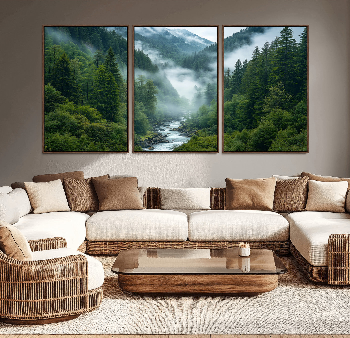 MGV-FC-60X30-3P - Mountain Forest River Canvas Wall Art Print - Serene Nature Landscape for Living Room, Office, or