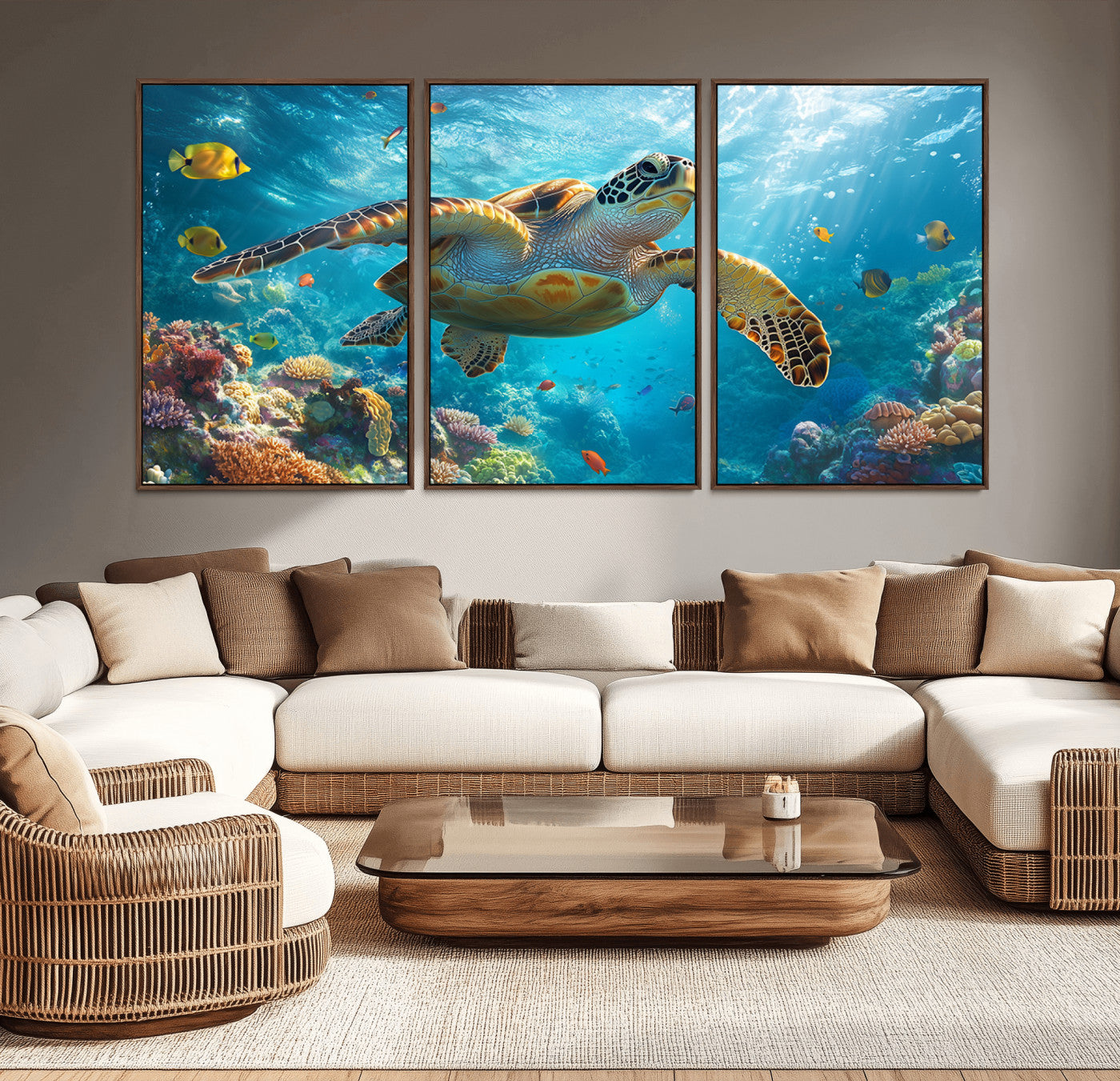 MGV-FC-60X30-3P - Sea Turtle Underwater Canvas Wall Art Print - Vibrant Ocean Wildlife Decor, Marine Wall Art